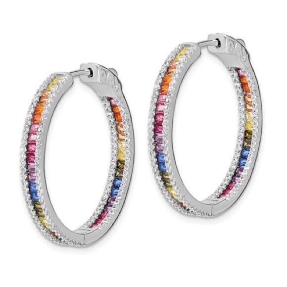 New Prizma Sterling Silver White and Colorful CZ In and Out Hinged Hoop Earrings - Picture 2 of 4